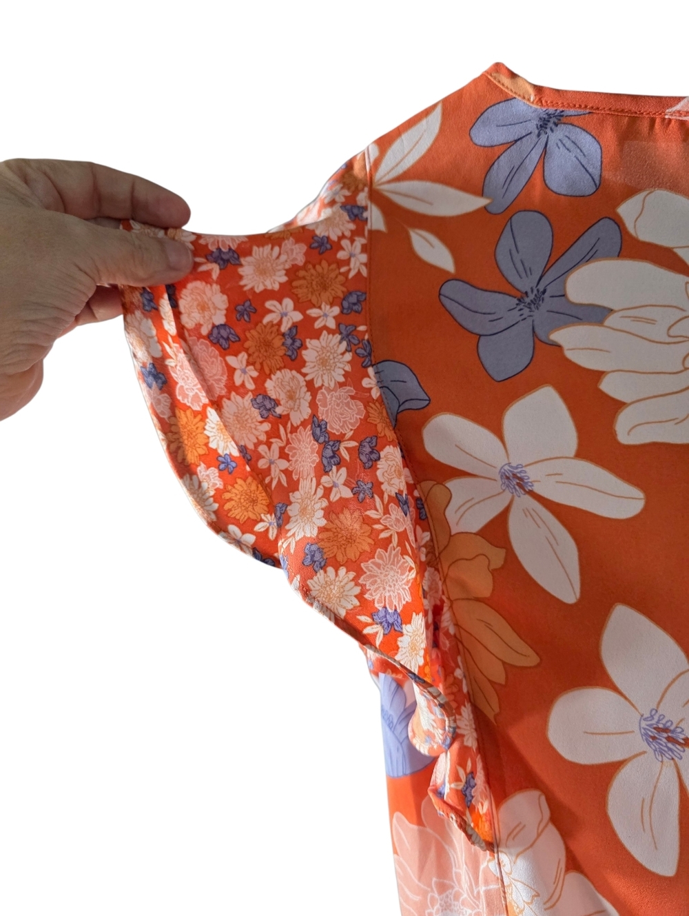 DR2 Daniel Rainn Orange Floral Ruffle Sleeve Blouse Size Large - Picture 5 of 9